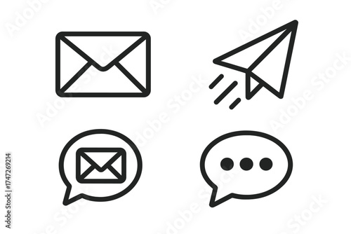 Mail, message, send, and chat bubble line icon set. Vector symbols for email, online communication, contact us, newsletter, direct message, and social media commentary.