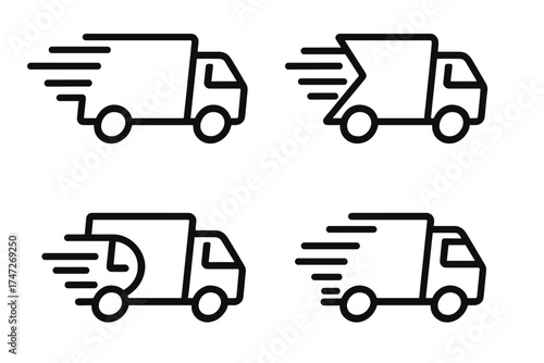 Set of fast delivery truck icons. Express shipping and logistics symbol collection. Commercial cargo van for transportation service. Freight vehicle moving quickly. Line art.