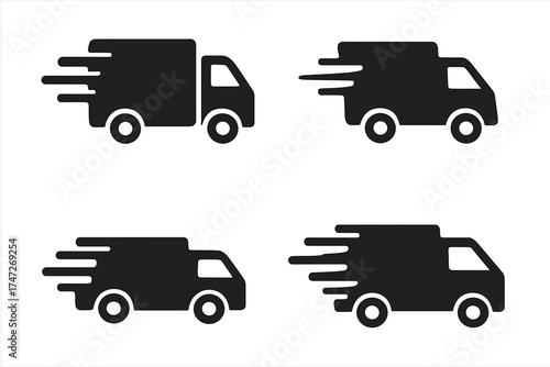 Set of fast delivery truck icons. Express shipping service symbol. Van for cargo and freight logistics. Quick transport and moving concept vector illustration collection.