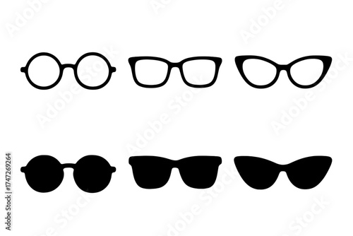 Glasses and sunglasses vector icon set. Fashion eyewear collection with different styles like retro, geek, and modern spectacles. Cat eye and round frames. Sun protection.