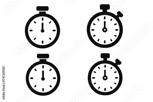 Timer and stopwatch icon set. Vector collection of black chronometer symbols. Simple isolated clock illustration for concepts like countdown, deadline, speed and time management.