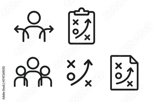 Business strategy and tactics icon set. Game plan, teamwork, and decision making symbols. Coaching, management, and planning vector line icons for web and mobile design.