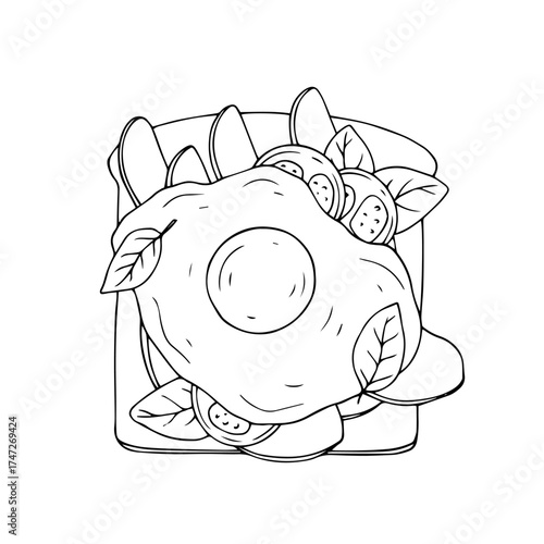 Line sketch, doodle of toast with egg, vegetables, and herbs. Vector graphics.