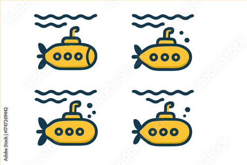Yellow submarine vector icon set. Cartoon sub diving under the ocean waves. Nautical marine boat ship collection. Underwater travel exploration concept. Simple flat illustration.