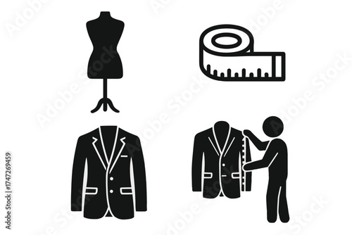 Tailor icon set for bespoke clothing and dressmaking. Vector glyphs of suit measurement, fashion dummy, and measuring tape. Custom made apparel and sewing service concept.