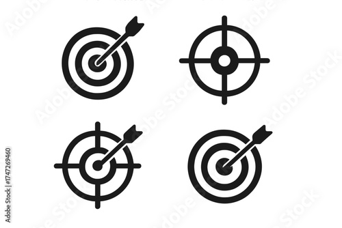Target icon set with arrow and crosshairs. Bullseye and dartboard for goal, aim, focus concepts. Business strategy, success, and accuracy symbol. Vector marketing objective.