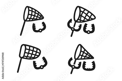 Concept of freedom and liberty icon set. Broken shackles and butterfly net metaphor. Breaking free from chains. Escape, release, salvation, and rescue vector pictogram collection.