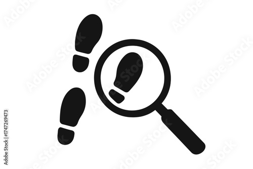 Detective investigation icon with magnifying glass over a footprint. Concept for evidence search, crime scene analysis, forensic science, tracking, and discovery of clues.