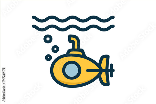 Yellow submarine diving under the ocean waves. Simple cartoon vector icon for marine exploration, naval travel, or sea adventure. Underwater vehicle flat illustration.