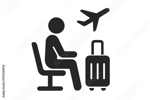 Traveler sitting in airport lounge waiting for flight. Passenger with luggage in departure hall. Travel and tourism concept icon. Airline passenger symbol for transportation.