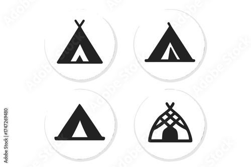 Tipi camp tent wigwam vector icons set. Round stickers for outdoor adventure. Native american indian teepee shelter symbol collection. Simple pictogram graphic design element.
