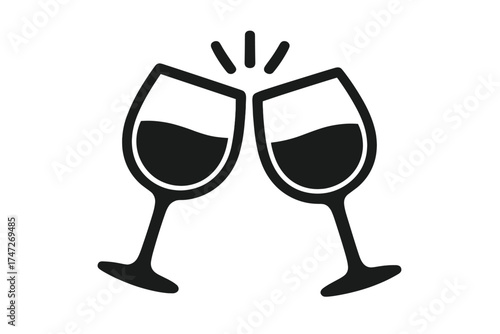 Two wine glasses toasting icon. Cheers vector illustration. Clinking glass silhouette for celebration, party, or event. Alcoholic drink concept. Goblet toast symbol.