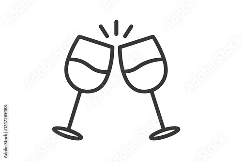 Two wine glasses cheers icon vector. Celebration toast concept. Line art illustration for party, restaurant menu. Clinking glass symbol for new year, wedding, anniversary.