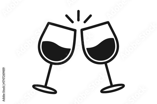 Two wine glasses clinking in a toast. Cheers vector icon for celebration, party, or event. Romantic dinner, anniversary, or wedding concept. Alcohol, bar, restaurant symbol.