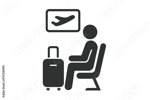 Traveler with luggage sitting in airport lounge waiting for flight departure. Passenger in terminal icon. Travel and tourism concept. Vector illustration symbol, sign pictogram.
