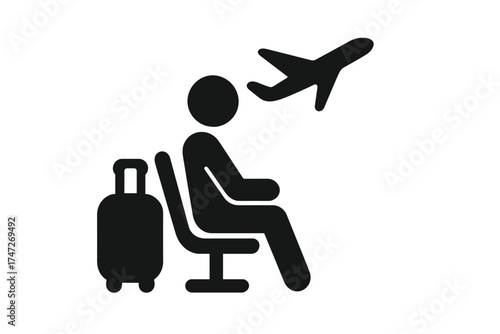 Traveler sitting in airport lounge waiting for flight. Passenger with luggage at terminal. Travel, vacation & tourism concept. Man on a journey. Vector icon sign silhouette.