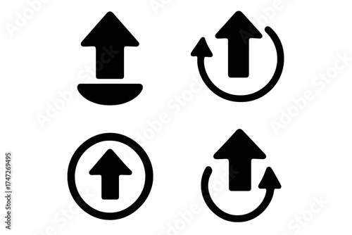 Upgrade icon set vector for new version. Software system update symbol. Arrow up for upload, download, install, or refresh. App update progress ui glyph collection.