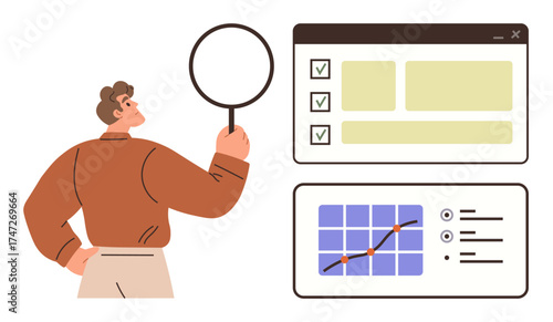 Person with magnifying glass reviewing checklist, chart, and dashboard interface. Ideal for data analysis, productivity, management, research, strategy design, performance tracking simple flat