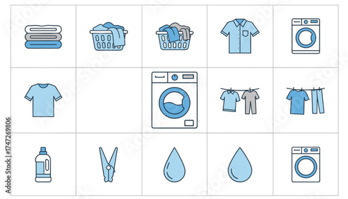 Laundry and washing icon set. Vector symbols for washing machine, clean clothes, detergent, and drying. Housework and laundromat concept. Line art collection for design.