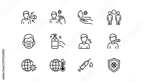 Virus transmission and prevention line icon set. Covid-19 safety. Includes face mask, hand sanitizer, vaccination, social distancing, fever, and hygiene vector symbols.