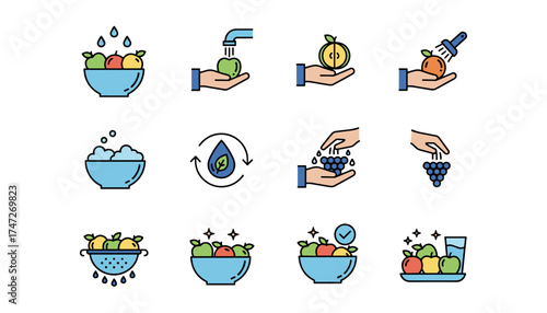 Washing fruits icon set for food safety and hygiene. Clean produce concept for healthy eating. Line icons for washing, rinsing, and preparing fresh fruit and vegetables.