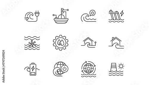 Wave energy and tidal power vector icon set. Renewable, sustainable, and clean ocean electricity generation. Hydroelectric dam, water turbine, and eco power outline symbols.