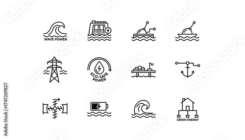 Wave power and tidal energy icon set. Green renewable electricity from ocean and sea. Sustainable resource and eco safe technology. Vector line icons for hydropower generation.