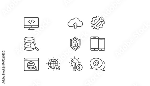 Web development thin line icon set. Vector collection for coding, cloud computing, database, security, responsive design. Website UI, business, SEO and internet technology symbols.