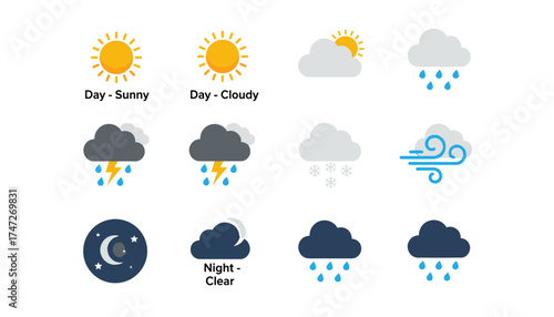 Weather forecast vector icon set. Flat colorful symbols for climate conditions. Sun, cloud, rain, storm, lightning, snow, wind. Day and night meteorological signs for web.