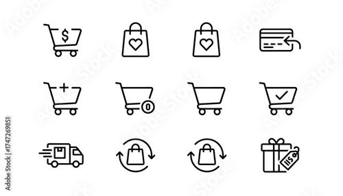E-commerce vector icon set for online shopping. Web store line symbols. Includes shopping cart, add to cart, checkout, delivery, payment, gift, bag, and cashback icons.