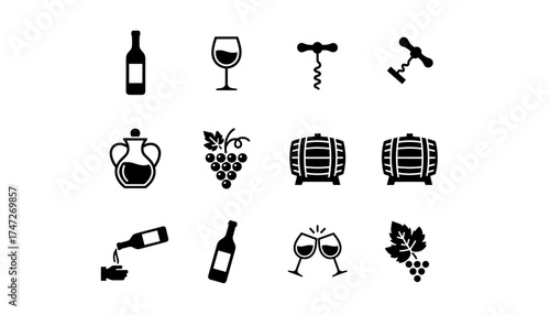 Wine icon set vector collection. Bottle, glass, grape, barrel, corkscrew. Winemaking, tasting and celebration symbols. Sommelier and winery elements for logo design.