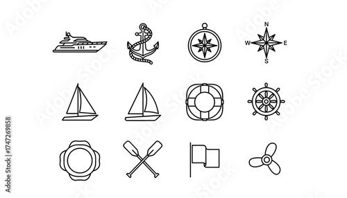 Marine and nautical line icon set vector illustration. Includes yacht, sailboat, anchor, compass, ship wheel, lifebuoy, oar, and propeller symbols for sea travel design.