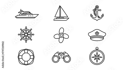 Yacht and nautical line icon set. Vector collection of marine symbols including sailboat, ship's wheel, anchor, captain's hat, compass, lifebuoy, propeller, and binoculars.