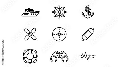 Set of 9 nautical yacht vector icons: luxury yacht, ship helm, anchor, boat propeller, compass, buoy, lifesaver ring, binoculars, ocean waves for marine navigation & sailing.