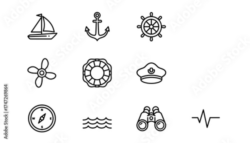 Nautical vector icon set for sea travel. Marine and yachting outline symbols. Sailboat, anchor, ship wheel, propeller, lifebuoy, captain hat, compass, binoculars. Sailing concept.