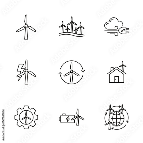 Wind energy vector icon set. Renewable power generation, green electricity production. Line art symbols for wind turbine, farm, sustainable eco friendly technology, global energy.