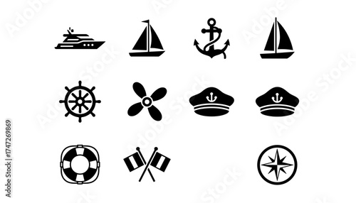 Yacht and sailing boat vector icon set. Nautical marine collection with anchor, ship wheel, captain hat, lifebuoy, and compass. Maritime and navigation silhouette symbols.
