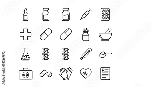 Medical and healthcare line icon set. Vector collection of pharmacy and hospital symbols. Medicine, science, and research concepts. Syringe, pill, DNA, and first aid kit.