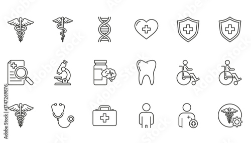 Healthcare line icon set. Caduceus, stethoscope, DNA, microscope, wheelchair, tooth, first aid kit vector symbols. Medical diagnosis, research, and pharmacy concept design.