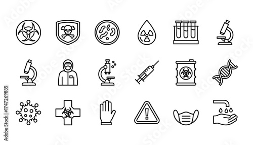 Biohazard line icon set. Biological hazard, virus, pandemic symbols. Vector collection for science, lab research. Includes microscope, DNA, syringe, hazmat suit, toxic waste.