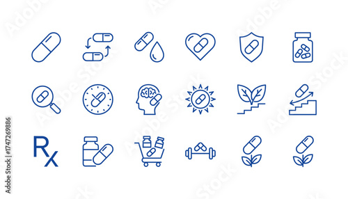 Pill and capsule icon set for medicine and healthcare. Vector line icons for pharmacy, prescription drugs, vitamins, supplements, treatment, dosage, heart and mental health.