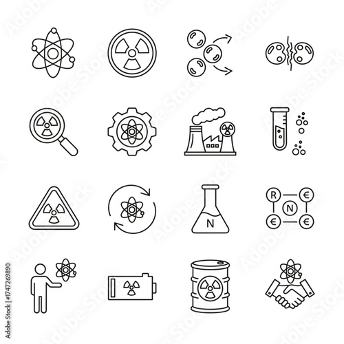 Atomic energy and nuclear power vector line icon set. Science, physics, chemistry symbols. Radiation hazard, radioactive waste, fission reaction, research, technology icons.