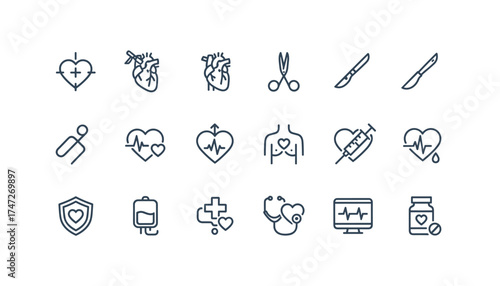 Cardio surgery and cardiology vector icon set. Medical and healthcare line icons. Heart disease treatment, diagnosis, and surgery symbols. Stethoscope, scalpel, ecg monitor.