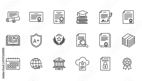 Certificate and education line icon set. Diploma, graduation, award, document, university. Learning, achievement, contract, and global education thin line pictogram collection.