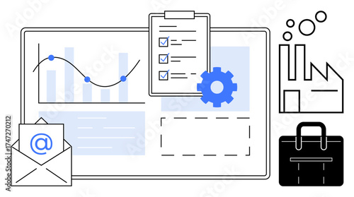 Data chart, progress graph, checklist clipboard, gear, envelope, factory, and briefcase. Ideal for planning workflow analytics strategy operations productivity corporate success. Simple flat
