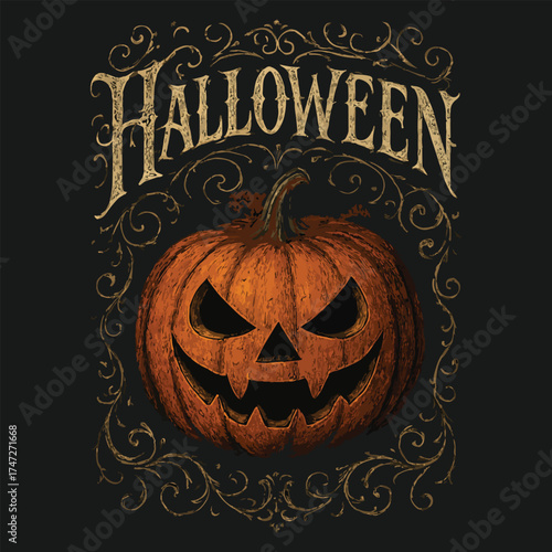 Spooky Halloween Pumpkin Illustration with Vintage Ornamental Design