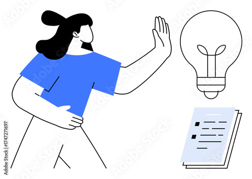 Woman gesturing rejection towards an idea symbolized by a lightbulb near documents. Ideal for creativity, idea evaluation, decision-making, task management, productivity, brainstorming, or
