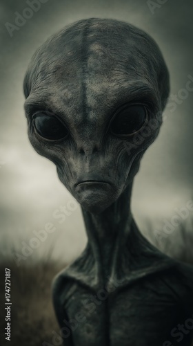 Extraterrestrial being standing in a desolate landscape under an overcast sky