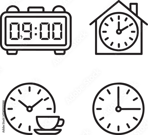Time Icons Set With Digital Clock House Clock Coffee Cup Clock and Wall Clock watch alarm clock