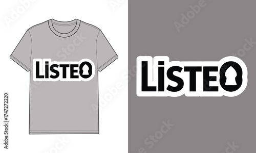 Gray t shirt with logo featuring the word Listen an ear symbol t-shirt grey